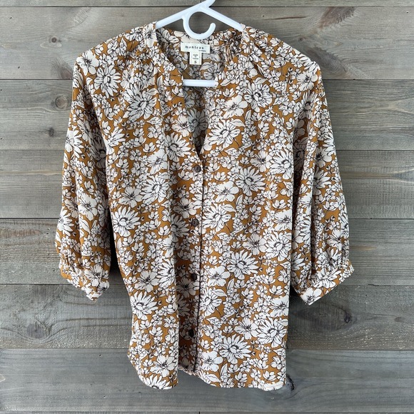 Monteau Tops - Monteau Womens Shirt Short Sleeve Button Up Vneck Blouse Floral Size Small